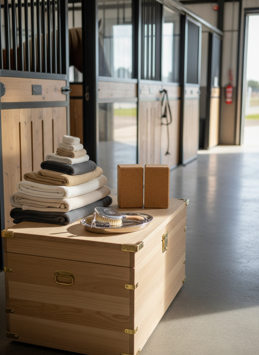 A collection of neatly folded neutral-colored yoga blankets and sturdy cork yoga blocks arrayed beside a polished steel grooming kit atop a wooden tack trunk. Set in a sunlit stable aisle with smooth, clean concrete flooring and sleek partition dividers in the background, the composition highlights the intersection of equestrian and yoga tools. Gentle natural sunlight bathes the scene, producing soft highlights and crisp, clean shadows, with the camera positioned at table height in a rule-of-thirds composition that emphasizes clarity, order, and a professional, structured aesthetic.