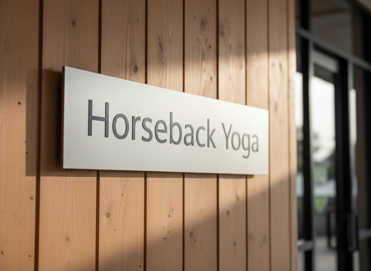 A tastefully designed business sign reading 'Horseback Yoga' in understated sans-serif lettering, mounted on a brushed steel backplate and affixed to a smooth cedar wall just outside a contemporary stable entrance. The space is bathed in soft, diffuse morning light, creating subtle reflections on the metallic surface and casting gentle, elongated shadows. Photographed from a slightly low angle with tight framing and a deep depth of field, the image exudes modern professionalism and corporate polish, serving as an inviting visual for a unique horseback yoga studio.