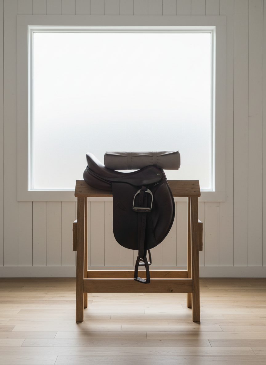 A carefully arranged yoga mat in muted taupe, neatly positioned atop an elegant leather horse saddle that rests on a sturdy wooden saddle stand, set against a backdrop of an airy studio space with whitewashed wooden paneling and a large, frosted glass window. The environment is structured and open, with soft overcast daylight filtering in, creating a tranquil luminosity and subtle shadows. Photographed from a side angle with a strong sense of horizontal balance and a minimalist, corporate feel, this image evokes serenity and professionalism, emphasizing the integrated nature of yoga and horsemanship.
