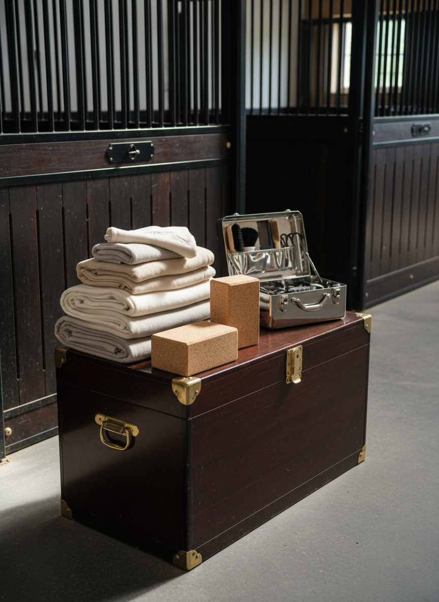 A collection of neatly folded neutral-colored yoga blankets and sturdy cork yoga blocks arrayed beside a polished steel grooming kit atop a wooden tack trunk. Set in a sunlit stable aisle with smooth, clean concrete flooring and sleek partition dividers in the background, the composition highlights the intersection of equestrian and yoga tools. Gentle natural sunlight bathes the scene, producing soft highlights and crisp, clean shadows, with the camera positioned at table height in a rule-of-thirds composition that emphasizes clarity, order, and a professional, structured aesthetic.