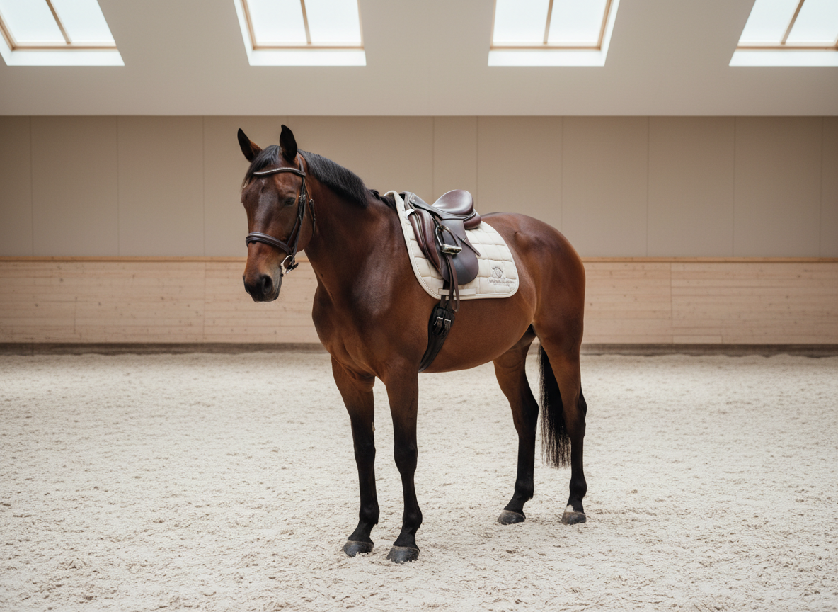 A well-groomed, sleek bay horse outfitted with a professional dark leather English saddle and neutral-toned saddle pad, standing serenely in a minimalist indoor riding arena. The arena features light sand footing, clean wooden rails, and broad paneled walls in soft beige, all highlighted by diffused natural light streaming from overhead skylights. The composition is balanced with soft, even lighting casting gentle shadows beneath the horse, emphasizing a calm and orderly mood. Framed with a slightly elevated, centered viewpoint and sharp focus throughout, the image presents a clean, corporate photographic realism suitable for a professional business website on horseback yoga.