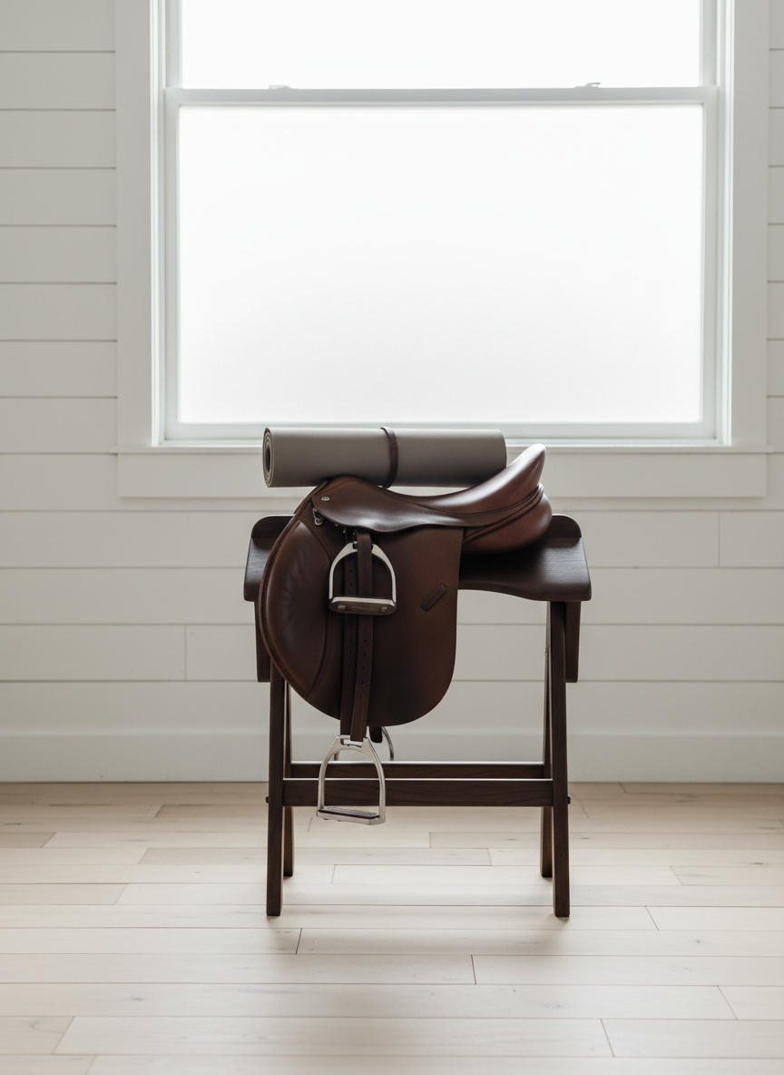 A carefully arranged yoga mat in muted taupe, neatly positioned atop an elegant leather horse saddle that rests on a sturdy wooden saddle stand, set against a backdrop of an airy studio space with whitewashed wooden paneling and a large, frosted glass window. The environment is structured and open, with soft overcast daylight filtering in, creating a tranquil luminosity and subtle shadows. Photographed from a side angle with a strong sense of horizontal balance and a minimalist, corporate feel, this image evokes serenity and professionalism, emphasizing the integrated nature of yoga and horsemanship.