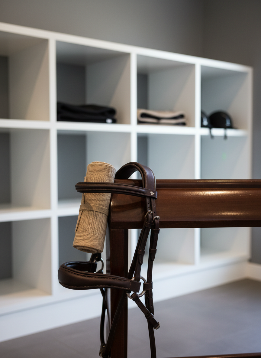 A close-up of an immaculate leather bridle, its espresso-hued surface gleaming with subtle highlights, draped over a saddle rack next to a rolled sand-beige yoga strap. The setting is a modern tack room with pristine white shelving and matte gray walls, softly illuminated by indirect daylight for a controlled, professional atmosphere. The composition features clean, parallel lines and an eye-level perspective, focusing on texture and material detail, with a calm, corporate mood in keeping with a business centered on horseback yoga.